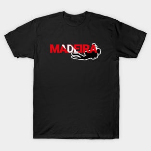 The word Madeira filled with the diving flag colours and a scuba diver T-Shirt